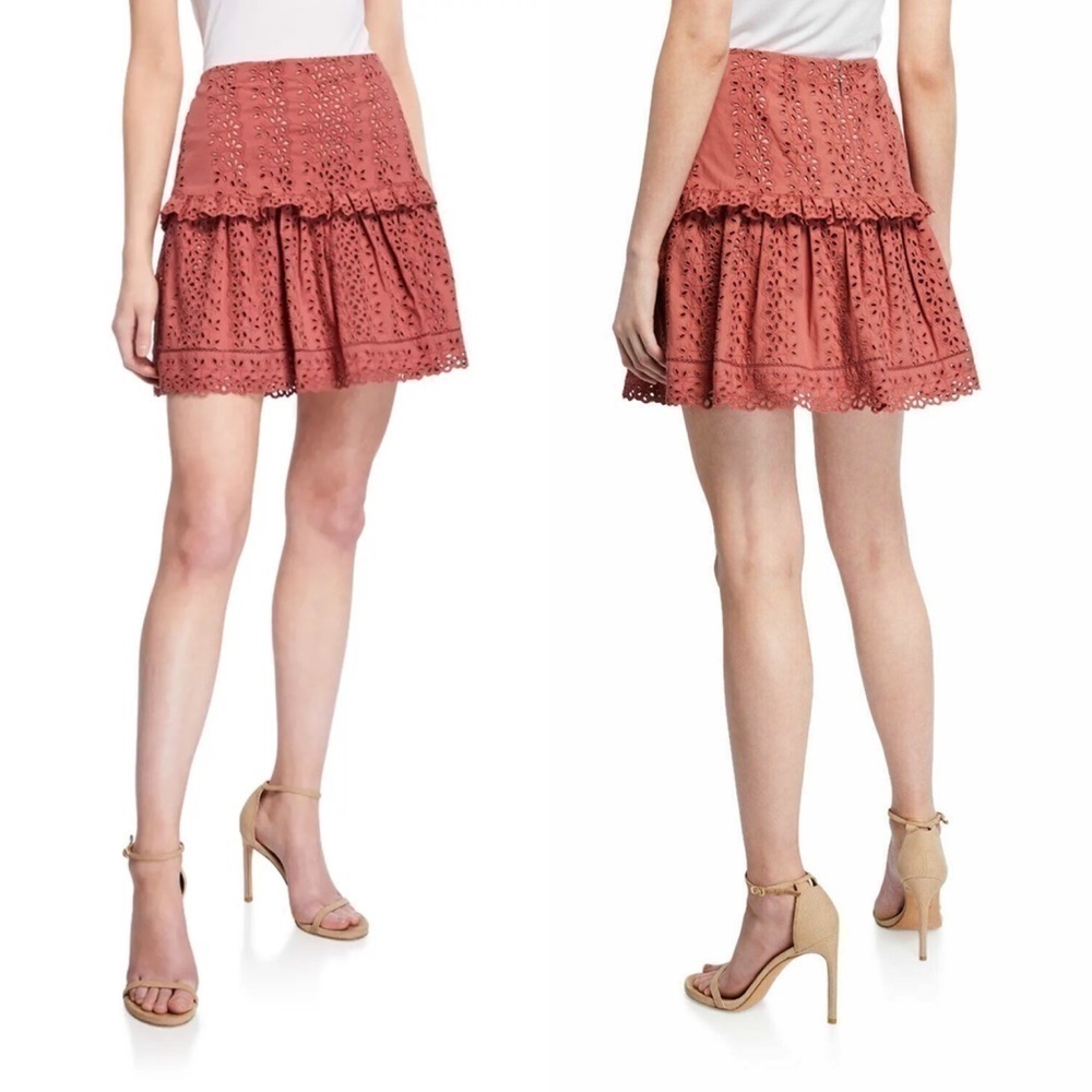 Rebecca Taylor NWT Karina Eyelet Mini Skirt 0 XS Cinnamon A-line ruffle romantic